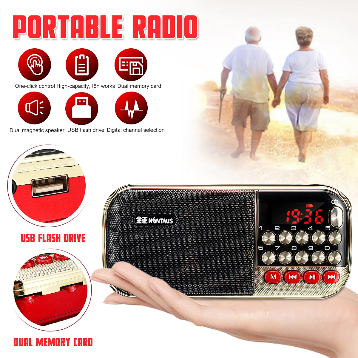 

Portable Mini Radio FM MP3 One-click Cycle/Search Digital Channel Selection Wireless Dual Magnetic Speakers support Card U Disk