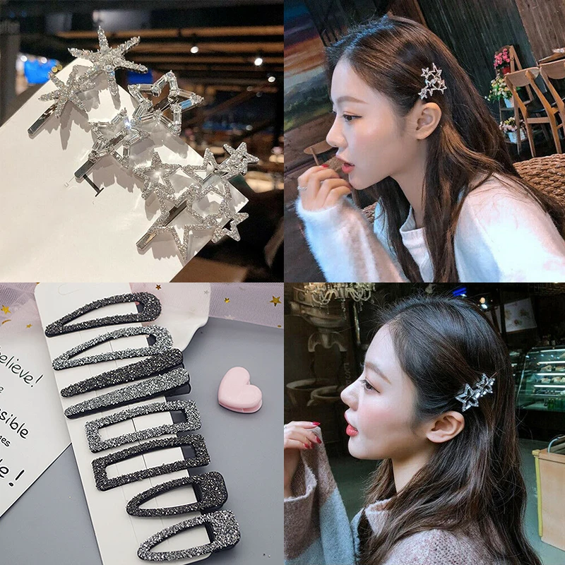 

Fashion 1PC Crystal Silver Star Women Hair Clip Black Shining Girls Side clip Barrette Simple Hairpin Hair accessories