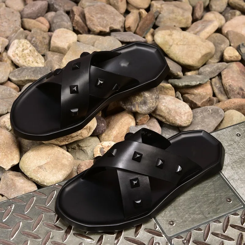Zapatillas Tacón Playa Hombres Cuero Sandalias Los Caliente Spike 2018 De Genuino Verano Remaches Plano xUTqZIXw