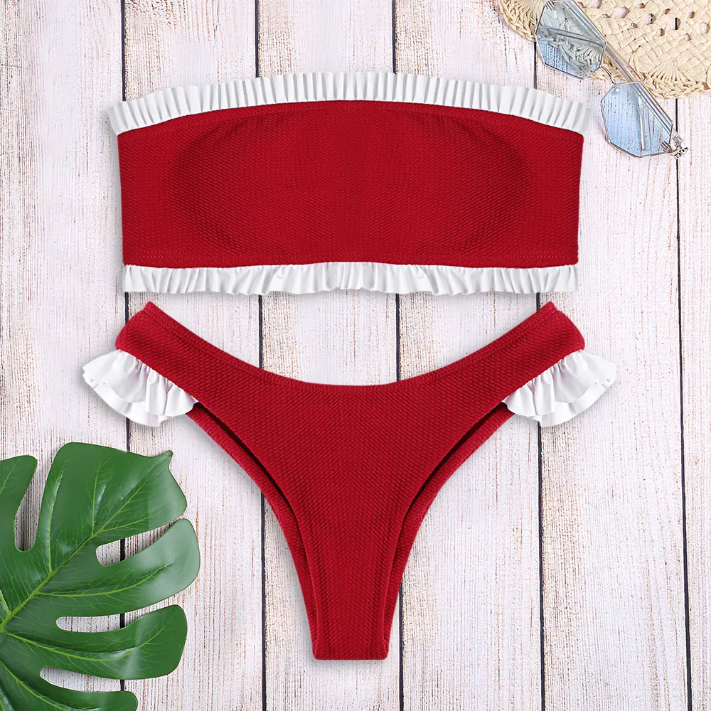 ZAFUL Strapless Backless Bikini Set Acolchoado Ruffle Cintura Baixa Swimwear Sexy Tanga Biquíni