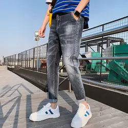 2019 Новая мода отверстия джинсы мужские самовыращивание тонкий досуг девять частей брюки тренд эластичная манжета хип-хоп Бесплатная