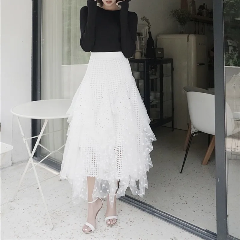 TWOTWINSTYLE Aushöhlen Polka Dot Frauen Rock Hohe Taille Mesh Unregelmäßige Mitte Röcke Weibliche Casual Koreanische 2019 Frühling Mode Neue