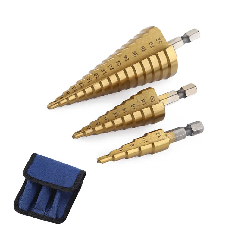 

3pc/set Hss Stap Cone Taper Boor Set Hole Cutter Metric 4-12/20/32mm 1/4 "Titanium Coated Metal Hex Bit     B2