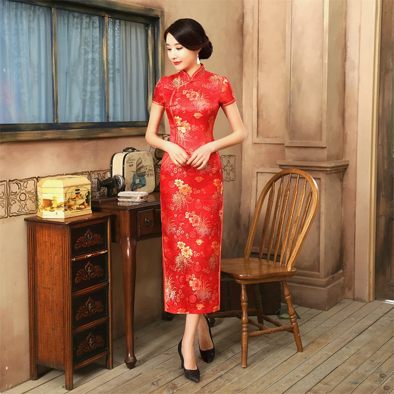 

Women's Traditional Chinese Dresses Long Qi Pao Classic Satin Cheongsam Restore Ancient Oriental Style Short Sleeve 2019 XXXL