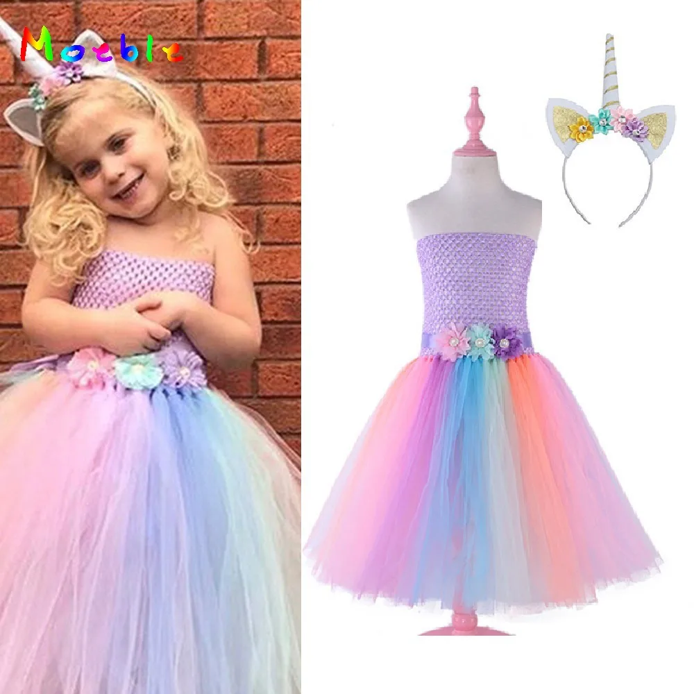 Pastel Rainbow Flower Baby Girls Dress with Unicorn Headband Children
