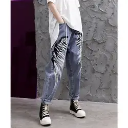 2019 новый сезон: весна-лето для женщин джинсовые широкие брюки отверстия с принтом широкие брюки джинсы для Мода Высокая талия джинсовые