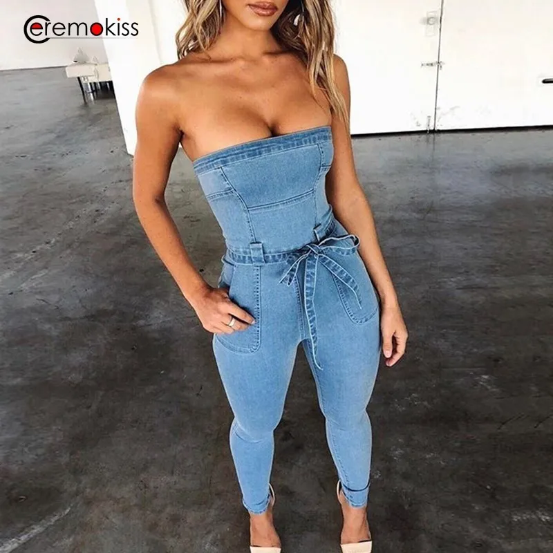 En Ligne Ceremokiss Denim Sexy barboteuse femmes combinaison moulante été jean longue dans l ensemble décontracté mode hors épaule fermeture éclair fête Clubwear
