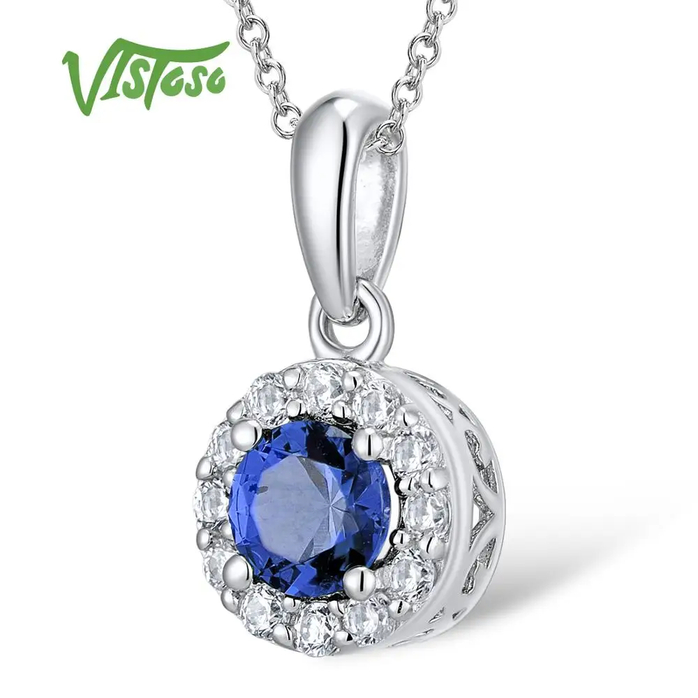 

VISTOSO Silver Necklaces Pendants For Women Blue Green Purple Pink Crystal CZ Stones 925 Sterling Silver Slide Necklaces Pendant