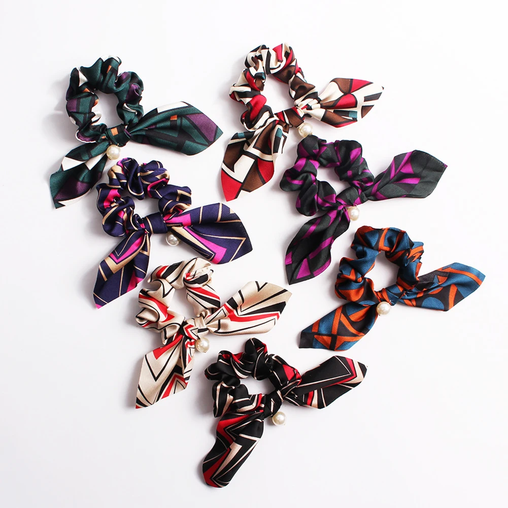 

Chiffon Floral Printed Bowknot Silk Hair Scrunchies Women Pearls Ponytail Holder Hair Tie Hair Rope Hair Accessories Multicolor