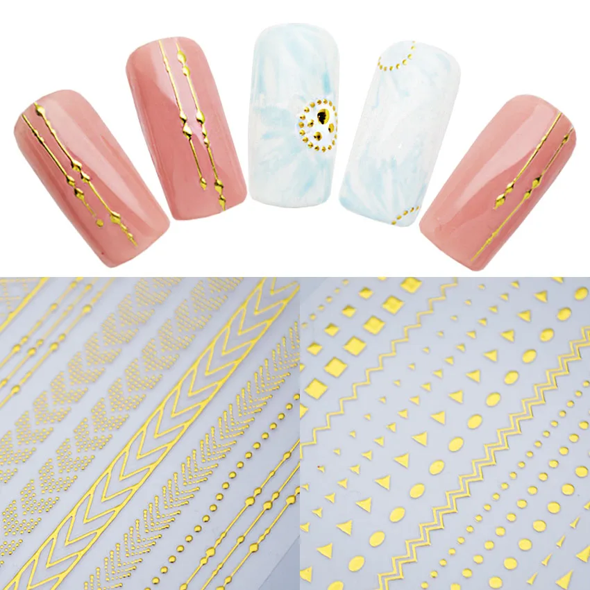 

1 Sheet Geometric Pattern Gold 3D Nail Art Sticker Decals Adhesive Stripes Wave Line Manicure Nail Art Decoration Tip ZJT3057