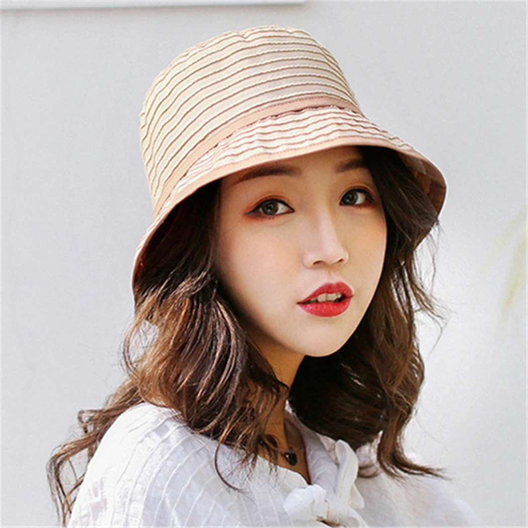 Summer Protection Fishing Caps Visor Korean Women Striped Bucket Hat