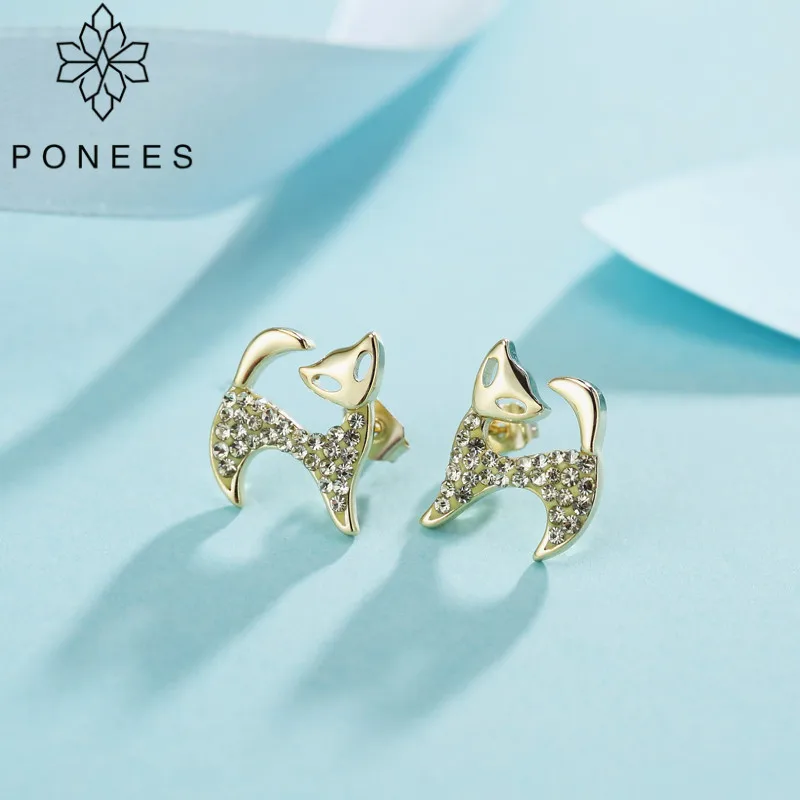 PONEES Elegant Jewelry Gold Color Cute Cat Stud Earrings For Women Brand Fashion Ear Full Of Crystals Gift | Украшения и