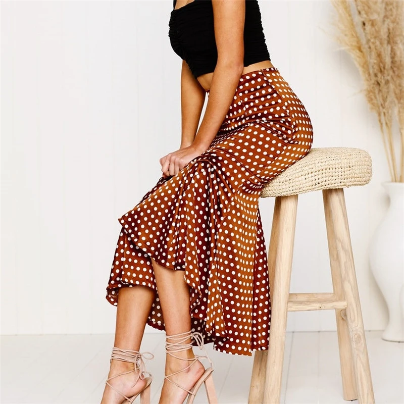 New Women High Waist Polka Dot Skirts Vintage Stretch Bodycon Rockabilly Flared Hem Vogue Skirt