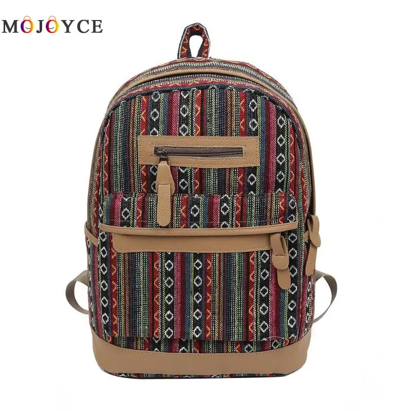 

National Printed Canvas Women Backpack Ethnic Style Beach Holiday Large Capacity Backpack Travel Rucksack