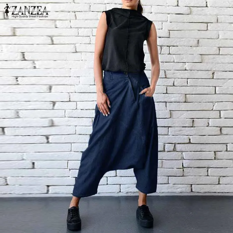 

ZANZEA 2019 Mid Elastic Waist Zipper Drop-Crotch Denim Long Harem Pant Pockets Casual Autumn Blue Flare Retro Trousers Plus Size