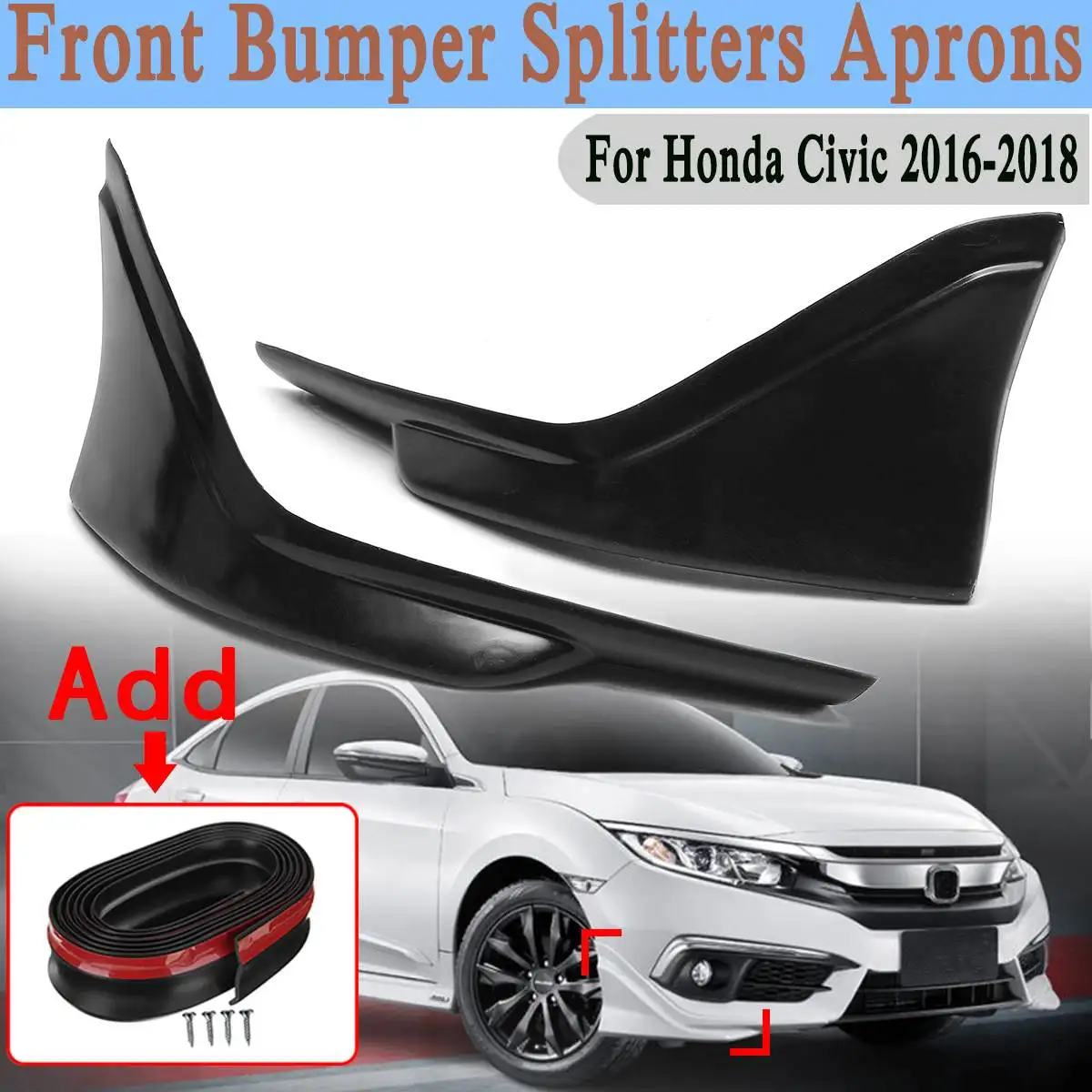 

Front Bumper Side Splitters Lip Fins Body Spoiler Protector Apron Valance W/Tape For Honda for Civic 2016-2018 Unpainted Black