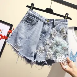 2019 летние Широкие джинсовые шорты с цветочной вышивкой Женские повседневные шорты с высокой талией Большие размеры джинсовые шорты