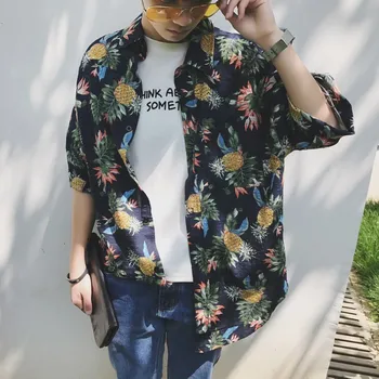 

2019 Men's Pineapple Printing Hawaiian Short Sleeve Shirt Mens Brand Fashion Cotton Clothes White/black Shirts Big Size M-5XL