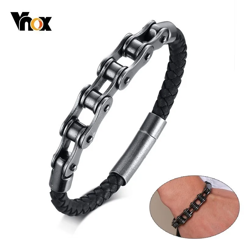 

Vnox Mens Punk Biker Chain Bracelets Black Genuine Leather Wrap Bangles 20cm pulseira masculina