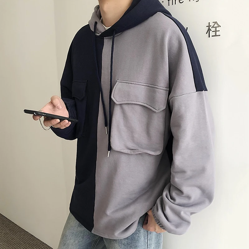 

Spring New Men's Casual Hoodies M-2XL Young Students Stitching Contrast Color Loose Cotton Polyester Temperament Long Sleeves
