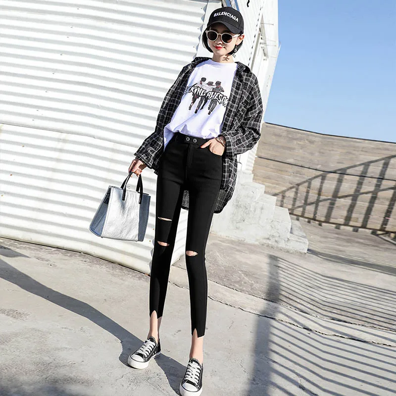 Loyalget New wild black tight pencil pants Ladies Jean Trousers High Waist Hole Zip Belt Plain Pants Women Elegant Crop Loyalget New wild black tight pencil pants Ladies Jean Trousers High Waist Hole Zip Belt Plain Pants Women Elegant Crop