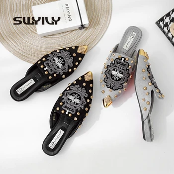 

SWYIVY Women Slipper Pointed Toe 2019 New Bee Embriodey Luxury Half Slippers Shoes Mules For Woman Summer Shoes Casual Flats 40