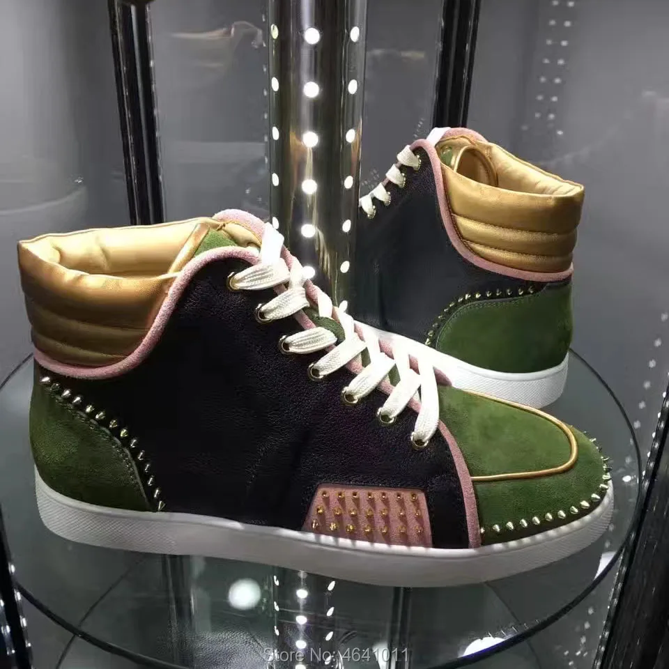 

High Top Leisure cl andgz Lace up Black Green leather Small Rivets Fashion Red bottom For Men Shoes Sneakers casual Flat Loafers