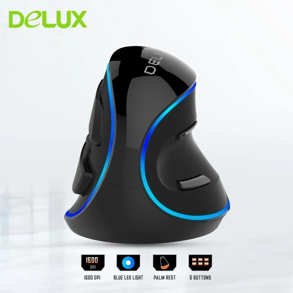 

Delux M618Plus Vertical Mouse Wired 6 Buttons Ergonomic Mice 600/1000/1600 DPI USB Computer Mouse with Blue LED Light For Laptop