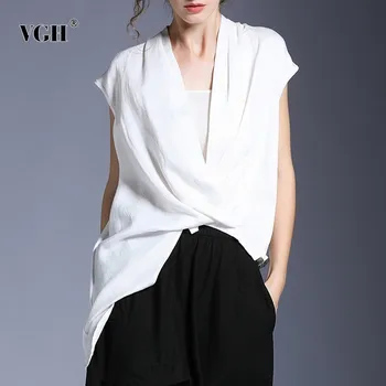 

VGH Spring Casual Solid T Shirt Women V Neck Sleeveless Off Shoulder Hem Asymmetrical Loose Clothing Top Female Fashion New 2020