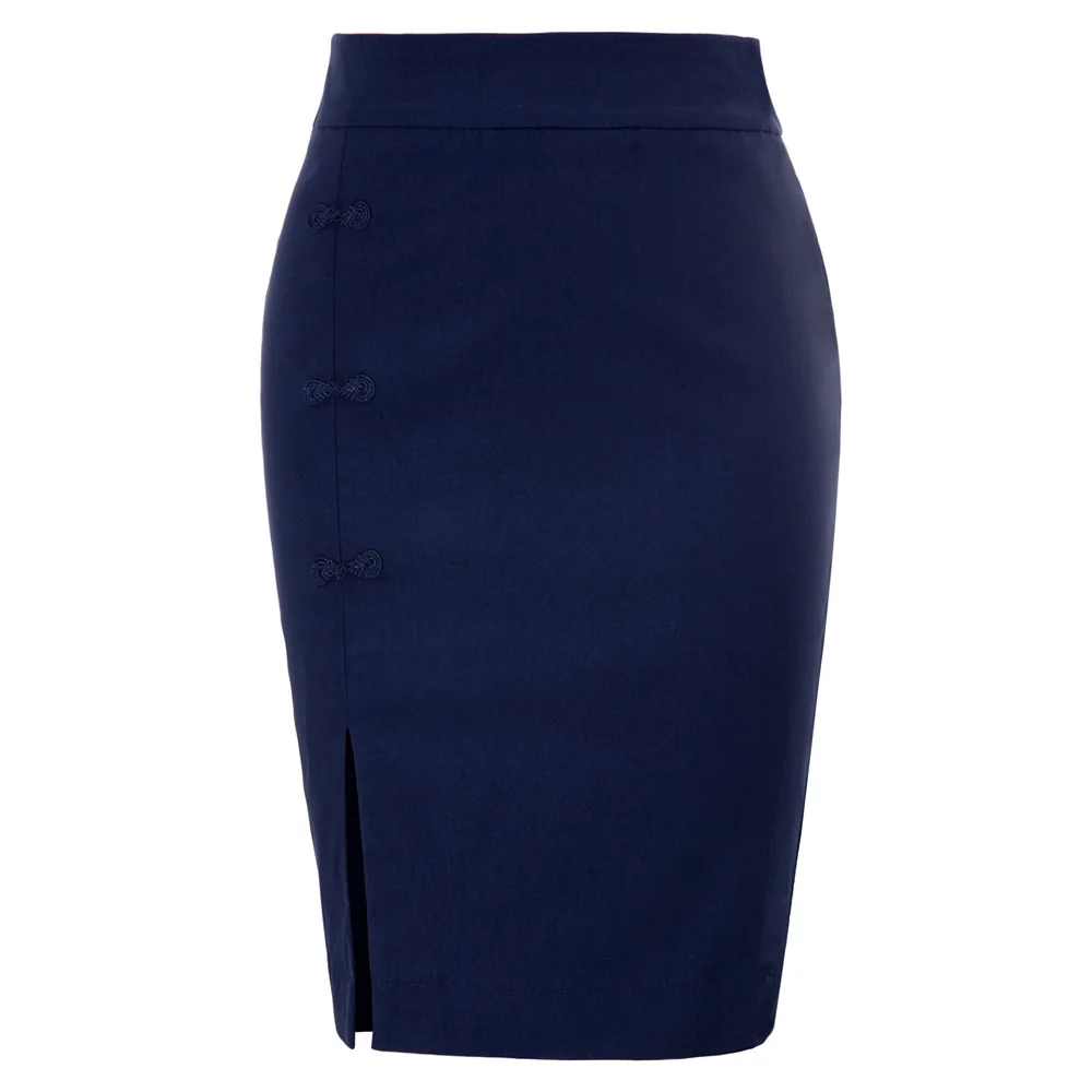 Navy Blue Women Frog Button Decorated Front Split skirts office lady ...