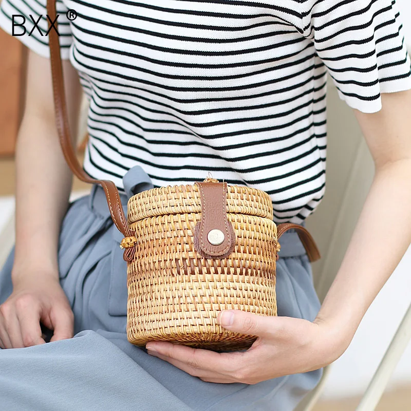 

[BXX]2019 New Women's Single Shoulder Croobody Bag Female All-match Beach Handmade Straw Weaving Large Capacity Bucket Bag HE631