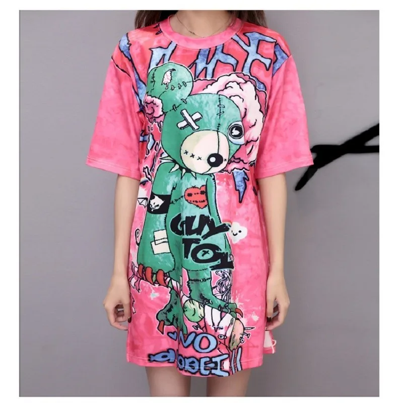 QING MO 6 Styles Women Summer Dress 2019 Printed Doll Yellow Striped Dress T shirt Short Sleeve dress Animal Frog Dog Bear QM068