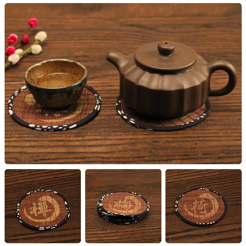 

4pcs Retro Bamboo Round Coasters Cup Mat Tea Ceremony Accessories