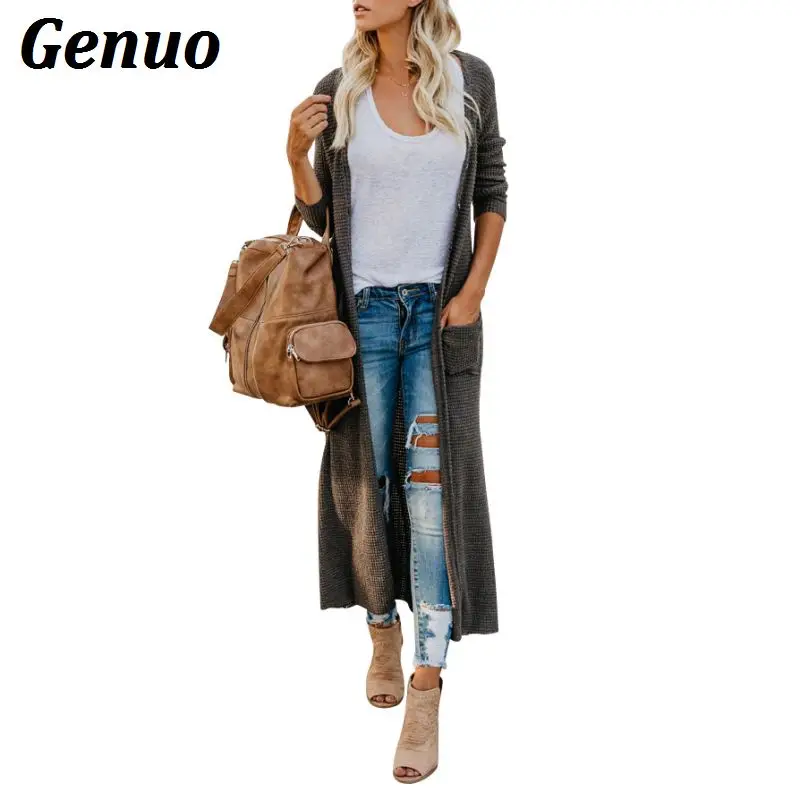 Winter Woman Sweater Cardigans Female Women Long Sweater Coat Knitting Long Sleeve Solid Button Pocket Long Coat Knitwear Genuo