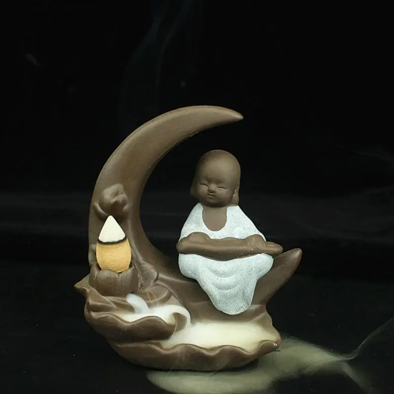 

Backflow Incense Burner Little Monk Crescent Holder Smoke Waterfall Incense Burner Holder Ceramic Aromatherapy Furnace Censer