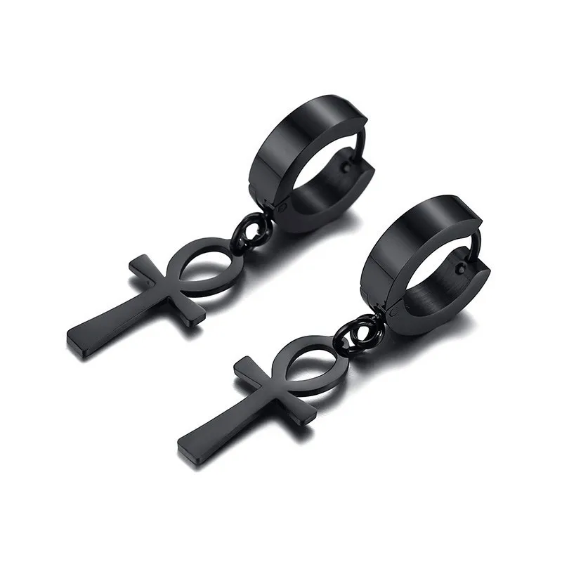 Drop Cross Earring Mens Egyptian Ankh Michael Hang Dangle Earrings Black Stainless Steel Male Punk Jewelry - Image 4