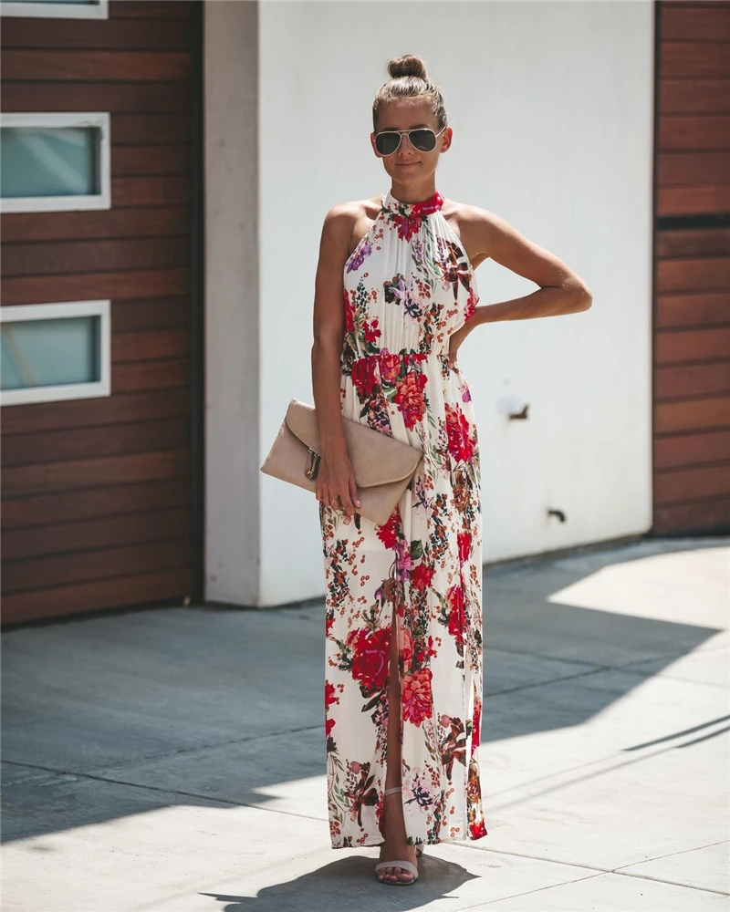 Boho для женщин платье с цветочным рисунком без рукавов Летний отдых пляж дамы
