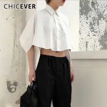 

CHICEVER 2020 Spring White Blouses Women's Shirts Lapel Half Sleeve Asymmetric Hem Loose Blouse Korean Fashion Casual Clothes