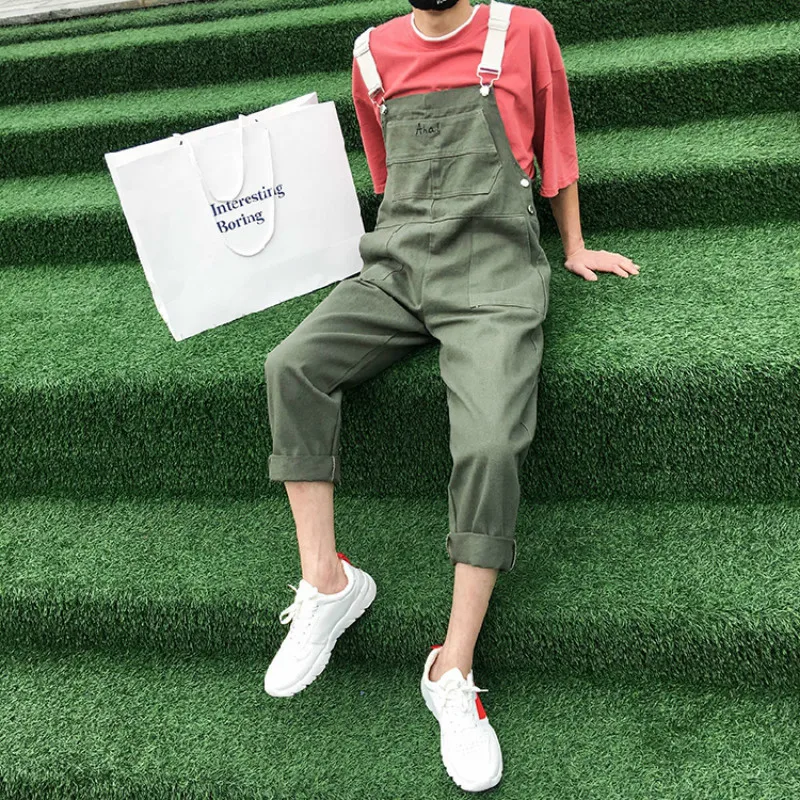 

2019 Men's Salopettes Cotton Casual Pants Hip-hop Tide Male Trousers Overalls Army Green Color Pants Jumpsuit Rompers S-2XL