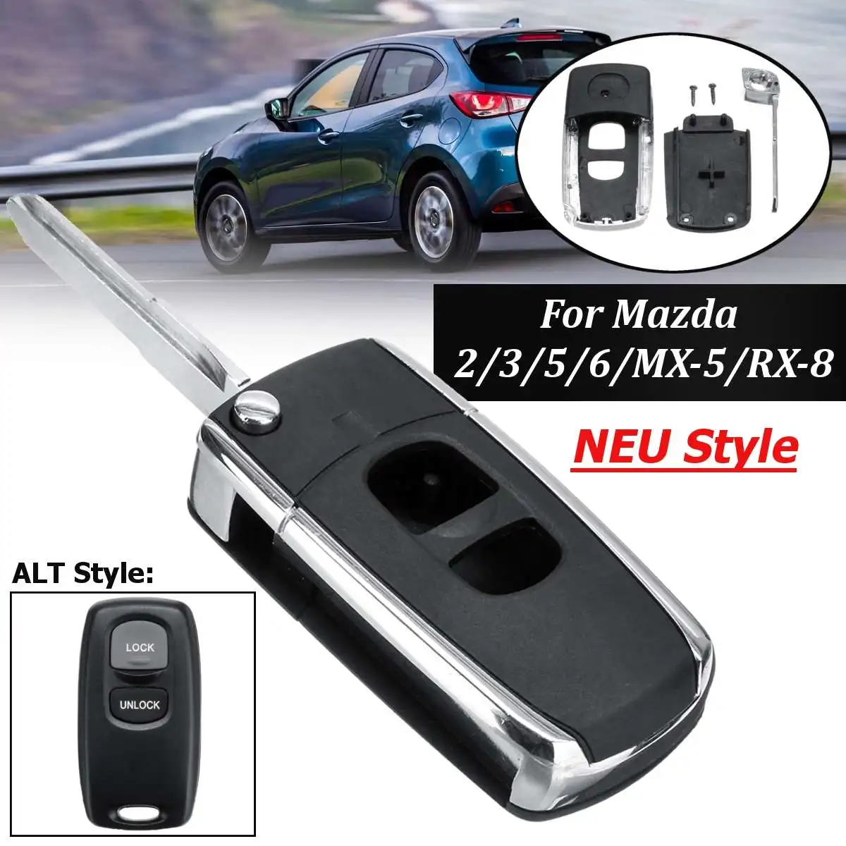 

2 Buttons Replacement Remote Flip Folding Key Shell Case 70x35x15 mm For Ford For Mazda 2/3/5/6/MX-5/RX-8