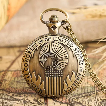 

Bronze Magical Congress of U.S.A Theme Quartz Pocket Watch Retro Necklace Pendant Clock Gifts for Men Women with 80 cm Chain