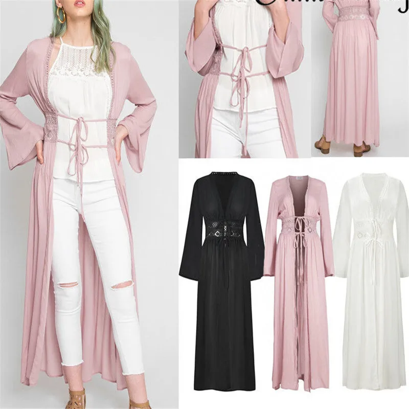 

Women Casual Vintage Kimono Cardigan Ladies 2019 Summer Long Crochet Lace Kimono Preto Loose Floral Printed Blouse Tops Black
