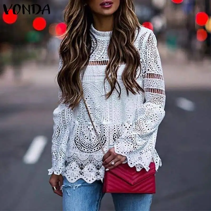  VONDA 2019 Women Sexy Lace Tunic Hollow Top Blouse Casual Long Sleeve Irregular Hem Patry Blusas Be