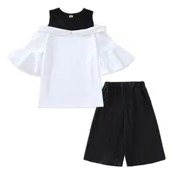 НОВЫЕ комплекты одежды для девочек, летняя модная шифоновая футболка с короткими рукавами для девочек + повседневные штаны, 2 предмета