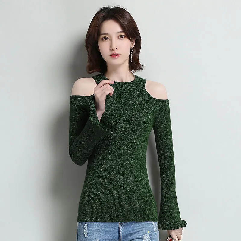 2018 autumn Korean version of the slim sweater women's head fashion hollow open shoulder ruffled shirt trumpet sleeve sweater