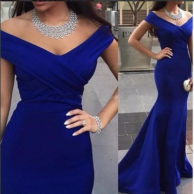 royal blue off the shoulder prom dress