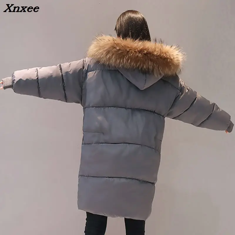 Новые модные женские зимние куртки и пальто с капюшоном и большим меховым воротником, женские длинные парки с хлопковой подкладкой, женская зимняя одежда Xnxee
