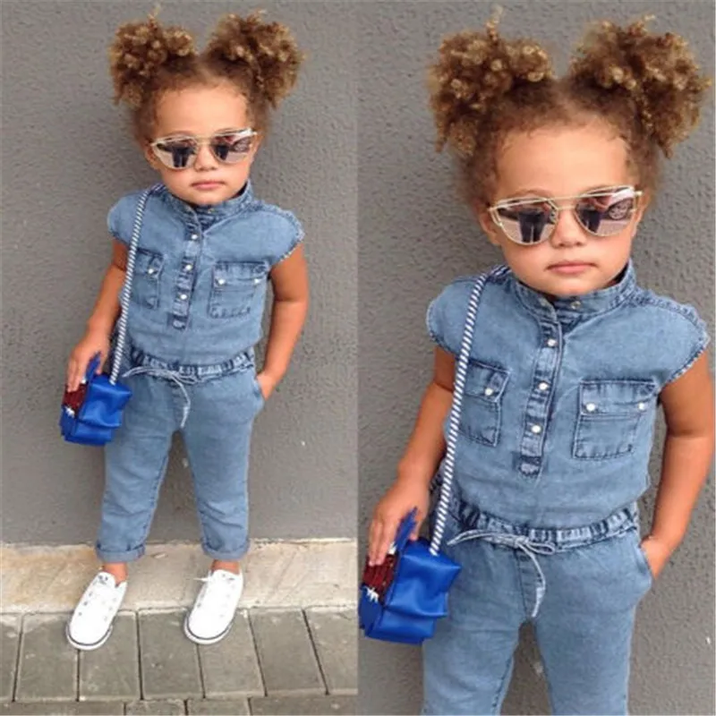 Fashion Kids Baby Girls Clothes Pocket Denim Romper Overalls Jumpsuit Jeans Pants Trousers Trendy Girls Blue Trousers 1-7Y