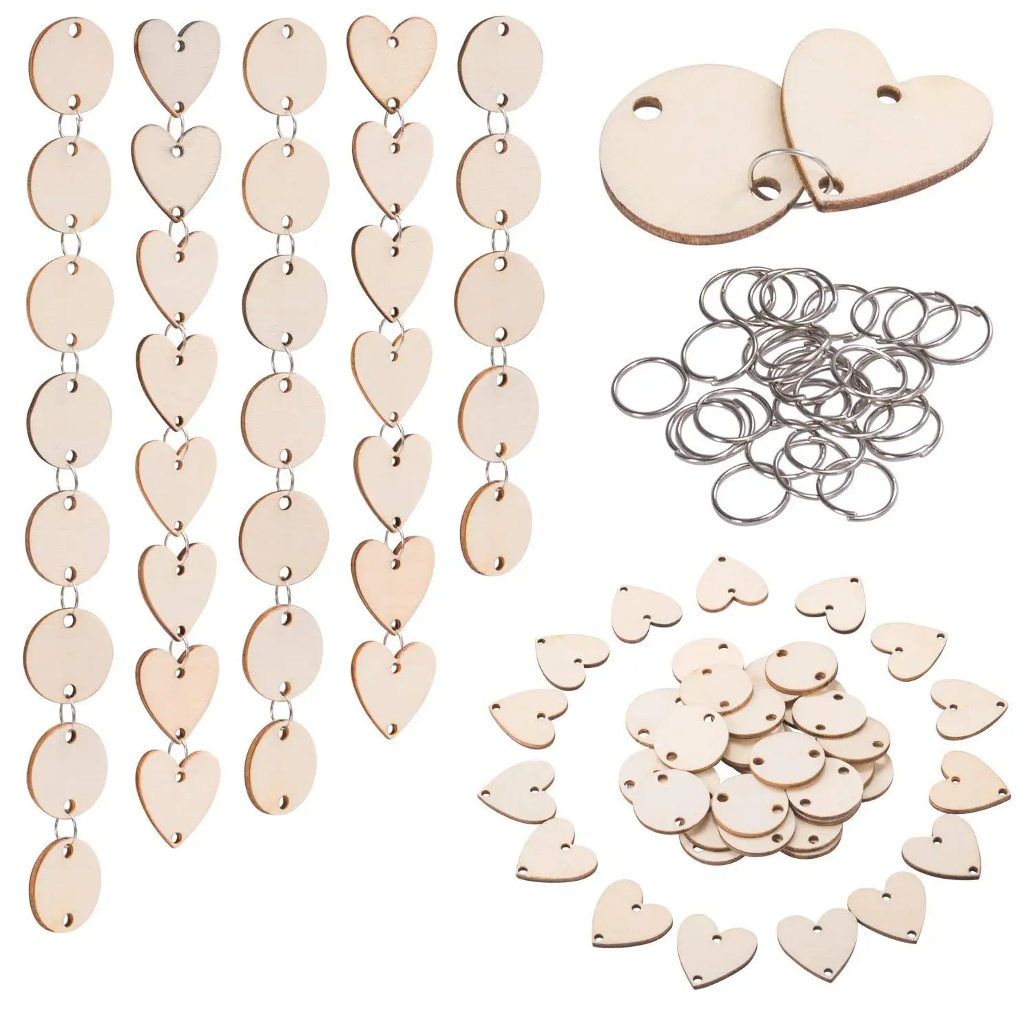 

200 Pieces in Total, Wooden Circles Wooden Heart Tags with Holes and 12 mm Rings for Birthday Boards, Valentine, Chore Boards,