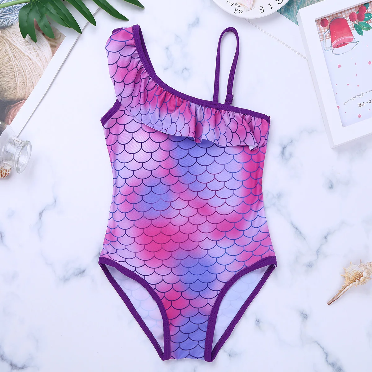 TiaoBug Children Girls One-piece Mermaid Scale Ruffle One-shoulder Swimsuit Kids Toddler Swimwear Stretchy Bodysuit Bathing Suit